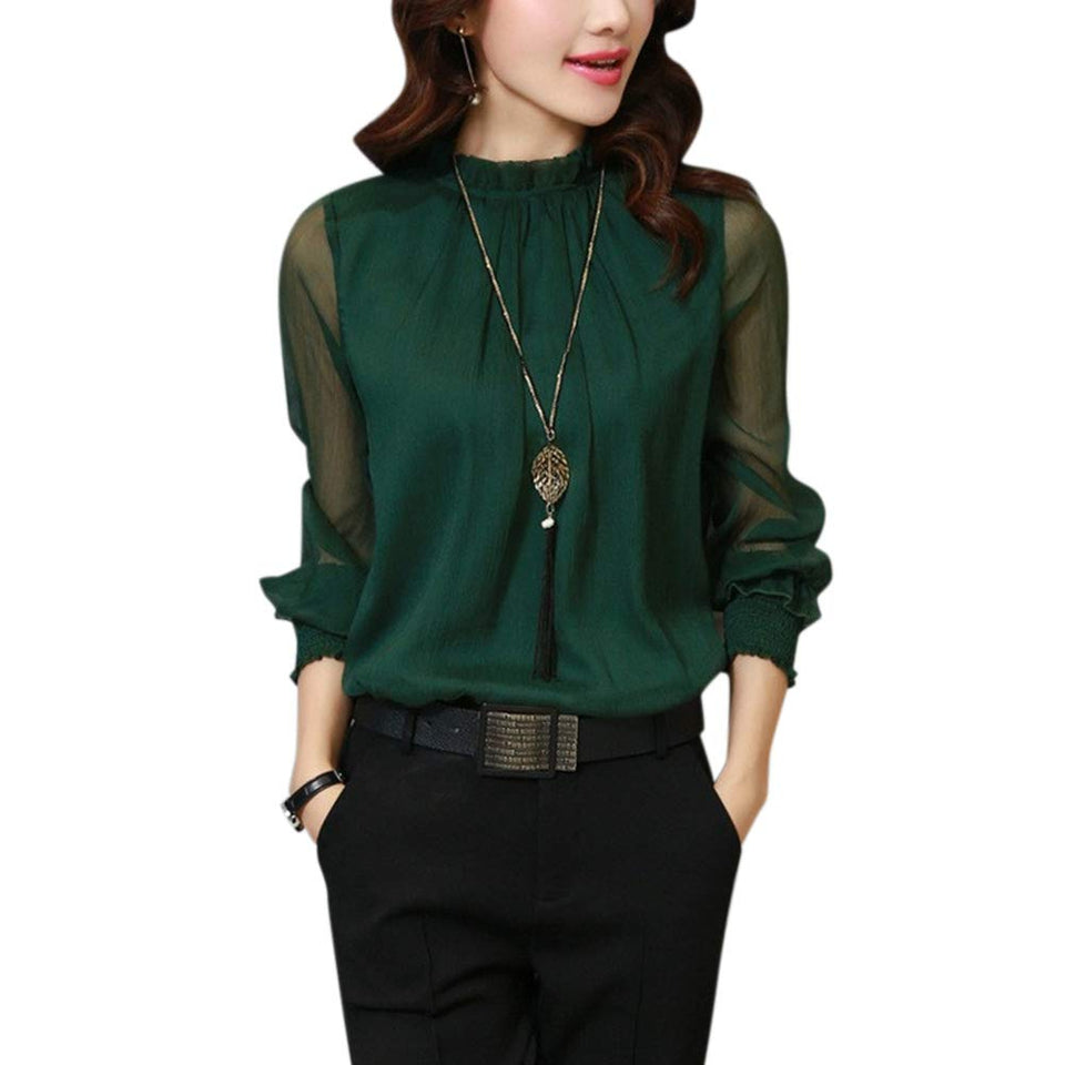 Zehui Blusa de Gasa de Mangas largas con Volantes y Cuello Redondo de Mujer, Blusa Elegante, Camisa de Mujer Verde Oscuro M