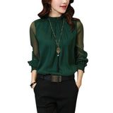 Zehui Blusa de Gasa de Mangas largas con Volantes y Cuello Redondo de Mujer, Blusa Elegante, Camisa de Mujer Verde Oscuro M