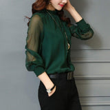 Zehui Blusa de Gasa de Mangas largas con Volantes y Cuello Redondo de Mujer, Blusa Elegante, Camisa de Mujer Verde Oscuro M