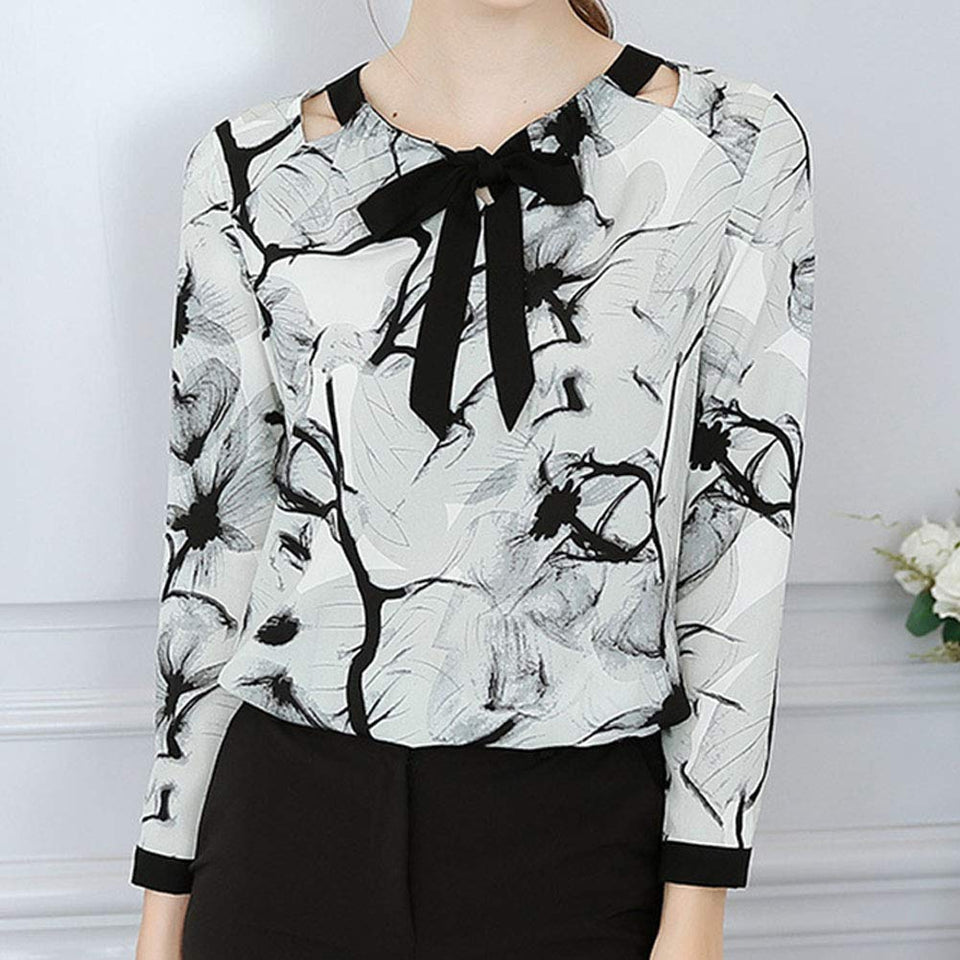 XuBa Camisa Blusa de Manga Larga Mujeres Elegante Tinta Pintura Impresión