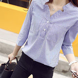 Zehui Camisa Formal para Las Mujeres de Moda, Blusa Decorar de 2 Botones Solapa, Camisa de Rayas Patrón Transpirable Tops Casuales