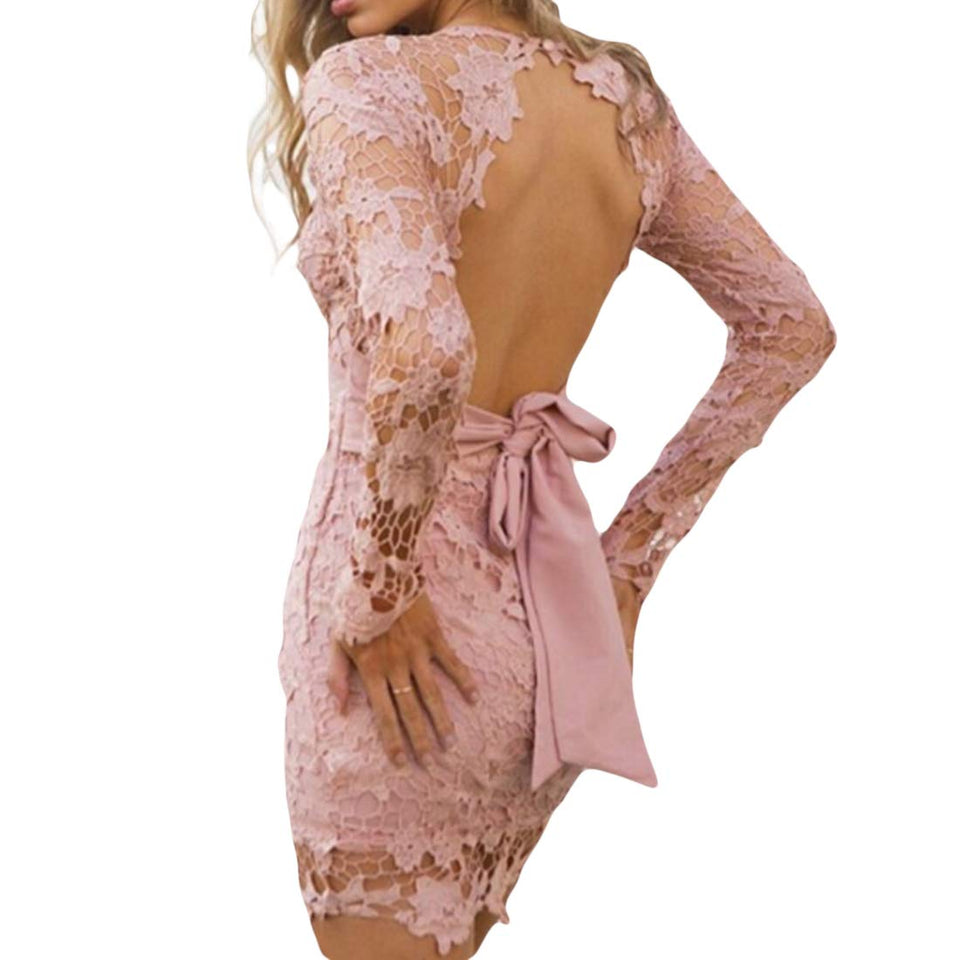 Fulision Falda halter sexy para mujer Manga larga con cuello en V Mini vestido escotado Corte sexy vestido de encaje sin espalda