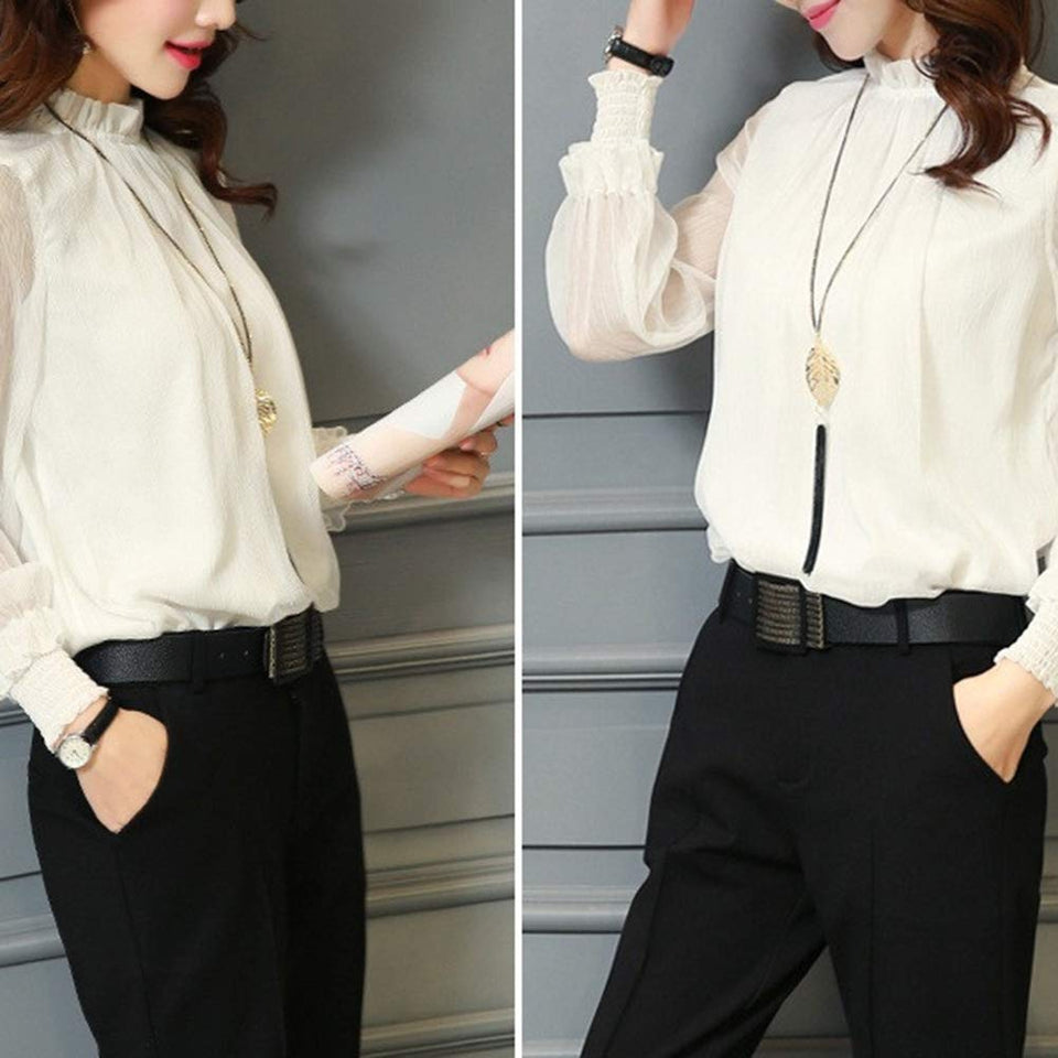 Zehui Blusa de Gasa de Mangas largas con Volantes y Cuello Redondo de Mujer, Blusa Elegante, Camisa de Mujer Verde Oscuro M