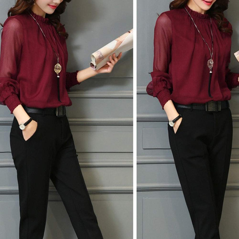 Zehui Blusa de Gasa de Mangas largas con Volantes y Cuello Redondo de Mujer, Blusa Elegante, Camisa de Mujer Verde Oscuro M