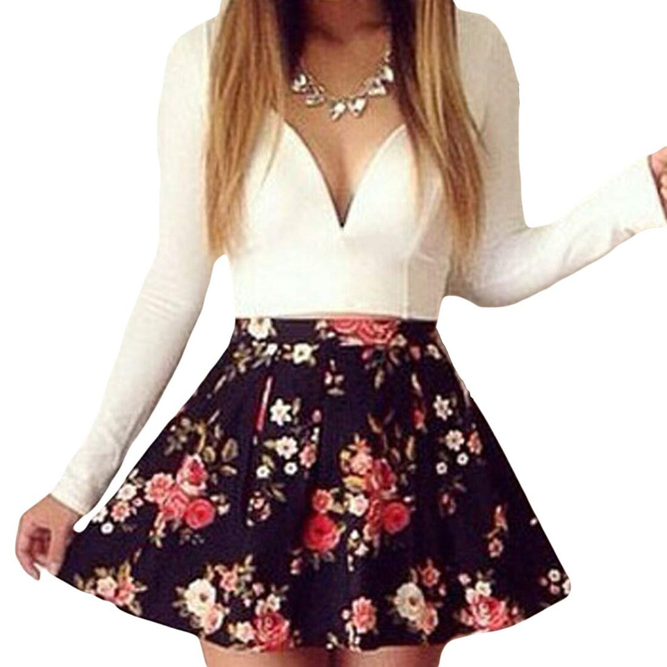 Huicai Falda larga de manga larga con cuello en V de las mujeres Falda corta Vestido sexy Vestido de princesa Vestido estampado