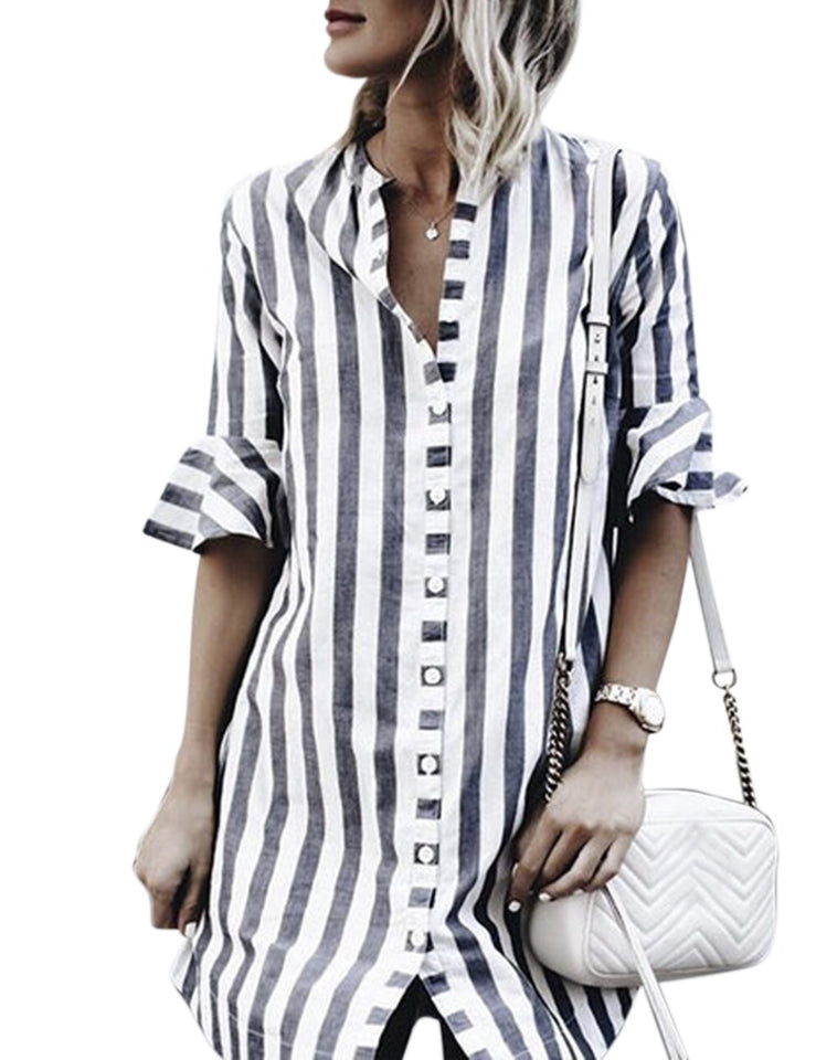 Zehui Blusa de Rayas para Las Mujeres con Estilo Retro, Camiseta de Moda para Las Mujeres, Blusa de Botones de decoración Gris Camisa a Rayas