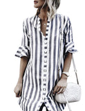 Zehui Blusa de Rayas para Las Mujeres con Estilo Retro, Camiseta de Moda para Las Mujeres, Blusa de Botones de decoración Gris Camisa a Rayas