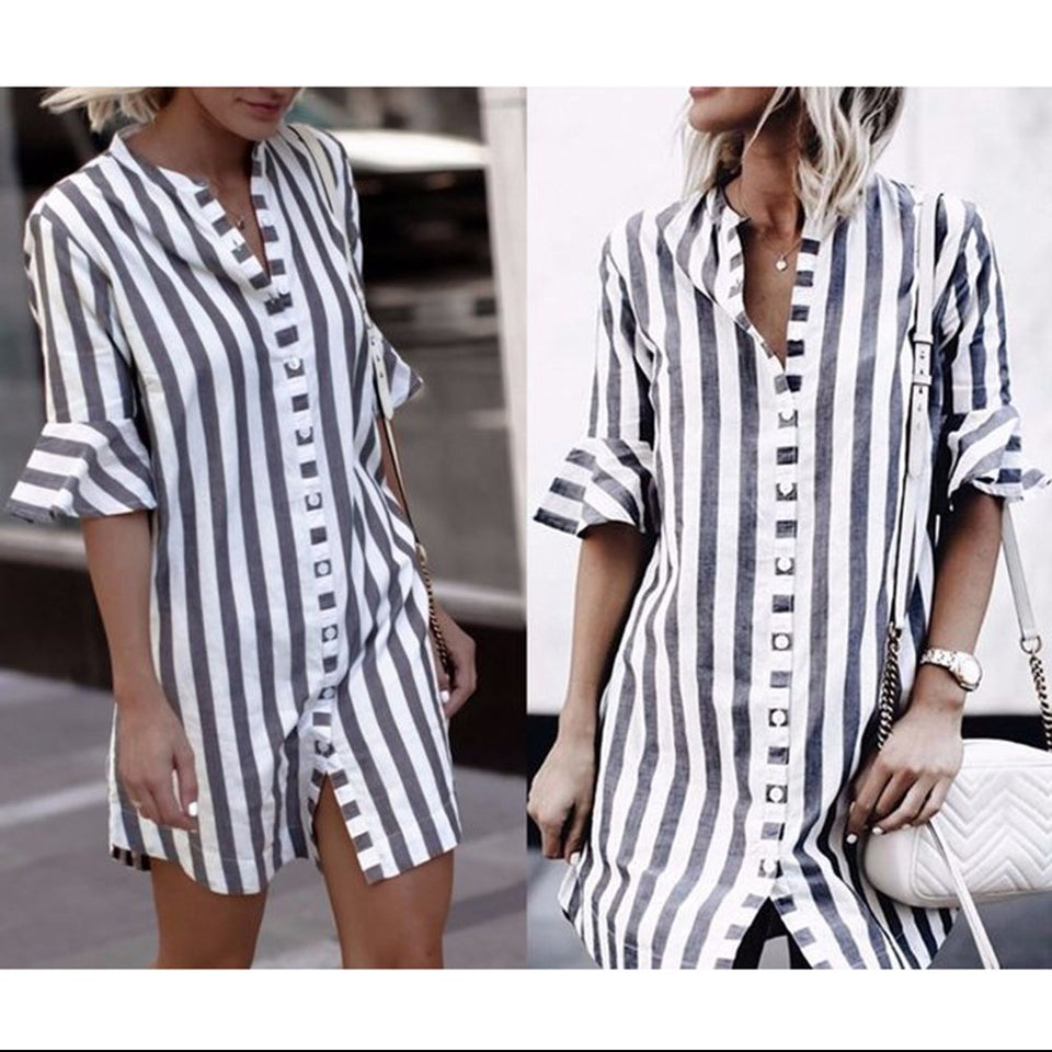 Zehui Blusa de Rayas para Las Mujeres con Estilo Retro, Camiseta de Moda para Las Mujeres, Blusa de Botones de decoración Gris Camisa a Rayas