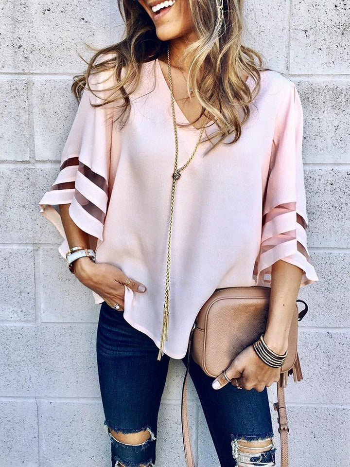 Zehui Camisa de Moda para Las Mujeres con Cuello en V Tipo de Gasa, Blusa Suelta de Mujer, Top Top Estilo Exclusivo Blusa Rosado XL